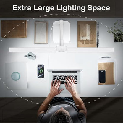 Desk Lamp with USB Charging Port for Home Office 24w Architect Remote Base Dual Task Led Light Modern 5 Color Modes Dimmable Adjustable Gooseneck Double Head Reading Drafting Eye Caring Tall Lamps - color: White