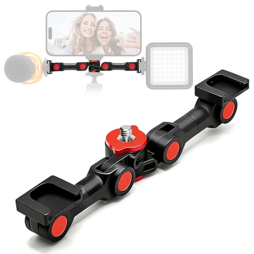 Dual Cold Shoe Mount, Extension Bar Universal Cold Shoe Adapter with Phone Holder Mount, 1/4" Thread Holes for Microphone,Led Video Light, Audio Recorder Monitors (68012)