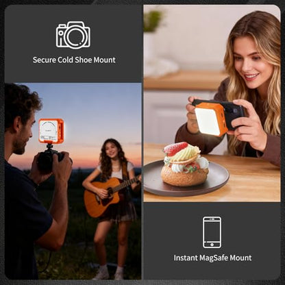 Ailight Magnetic LED Video Light, CRI 98+ 2500-9000K - Orange | Rechargeable 2000mAh, USB-C Fast Charging, Smart Sleep Function, Cold Shoe & Magnetic Mount, on Camera Light - color: Orange