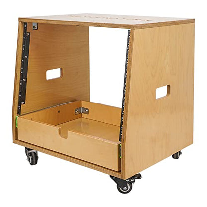 Sound Town 8U DIY Solid Baltic Birch Plywood Slanted Studio Rack with 8U Rack Space, Extra 2U Drawer, Rubber Feet, Casters, Golden Oak (SDRK-8TD2) - size: 8U, Golden Oak, Slanted w/ Drawer