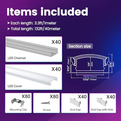 Muzata 40Pack 3.3FT/1M LED Channel Aluminum U Shape Silver LED Strip Diffuser Channel with Milky White Cover Easy Installation U1SW WW 1M - size: 40Pack