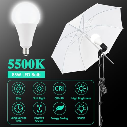 Photo Video Studio 10 x 8.5ft Stand with Muslin Backdrop (Green /White /Black) & 85W 5500K Led Bulb & Umbrella Lighting Kit Photography Background Support System Kit,Clamp, Carry Bag