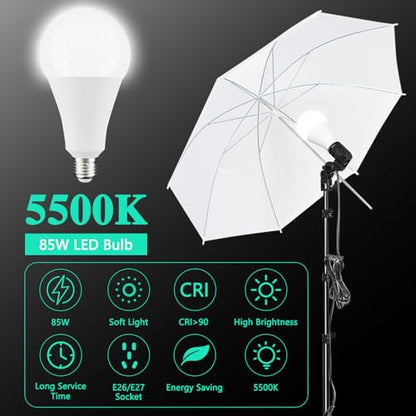 Photo Video Studio 10 x 8.5ft Stand with Muslin Backdrop (Green /White /Black) & 85W 5500K Led Bulb & Umbrella Lighting Kit Photography Background Support System Kit,Clamp, Carry Bag