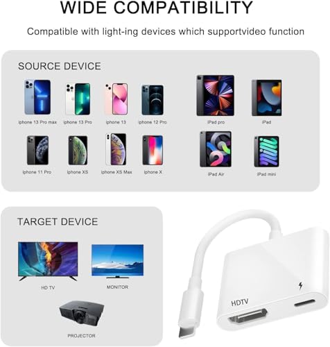 Apple MFi Certified Lightning to HDTV Digital AV Adapter 1080P HD Video Sync Screen Connector Cable with Charging Port Compatible with iPhone 14/13/12/11/ X/ 8/7/ iPad on HDTV/Projector/Monitor - style: Lightning to HDTV