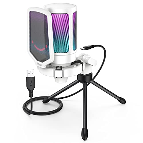 FIFINE AmpliGame USB Microphone, PC Gaming Recording Desktop Laptop Mic, RGB Streaming Podcasting Condenser Mic for Online Game, Vocal, with Mute Button, Gain Knob, Tripod Stand-A6V White - color: White
