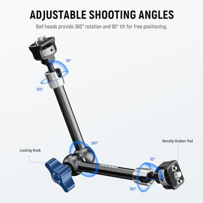 NEEWER 11" Articulating Magic Arm with 360° Ball Heads & Locating Pins for ARRI, Camera Monitor Mount with 1/4" Screws for DSLR Action Camera Monitor Video Light Compatible with SmallRig Cage Rig,ST16 - size: 11"