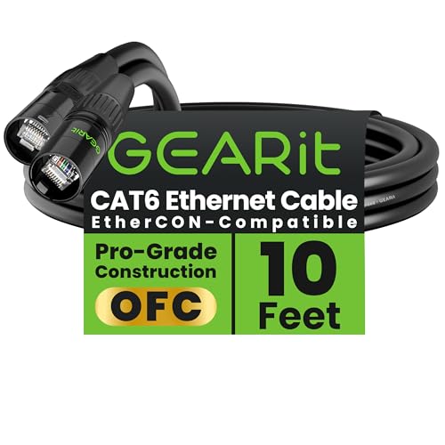 GEARit Shielded CAT6 Ethercon Cable (10 Feet) Professional Audio & Lighting RJ45 EtherCON-Compatible Cable for Studio, Stage, Concerts - 10ft Black - color: Black, size: 10 Feet