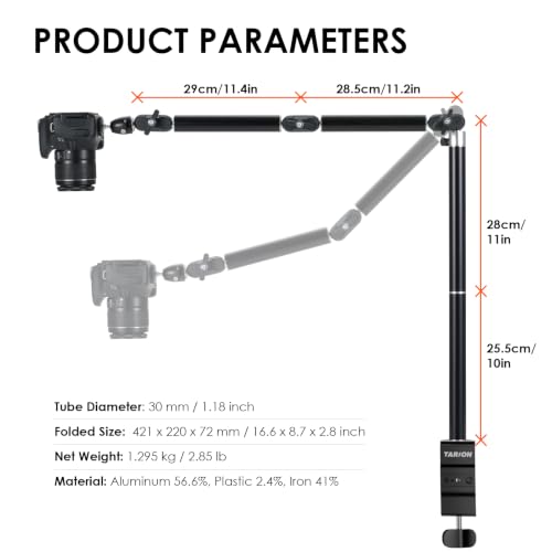 TARION Overhead Camera Desk Mount with Clamp Ballhead 3/8'' 1/4'' Screw | 6.6lbs Load Capacity, Flexible Gear Joints for Camera Light Projector, Overhead Shooting, Live Streaming TKA01-L