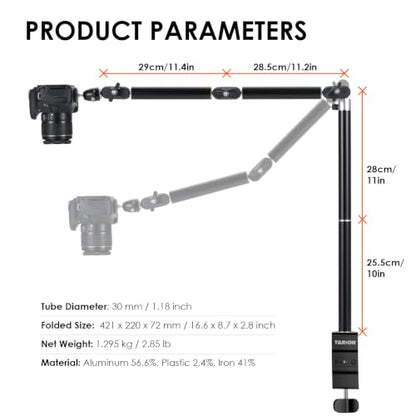 TARION Overhead Camera Desk Mount with Clamp Ballhead 3/8'' 1/4'' Screw | 6.6lbs Load Capacity, Flexible Gear Joints for Camera Light Projector, Overhead Shooting, Live Streaming TKA01-L