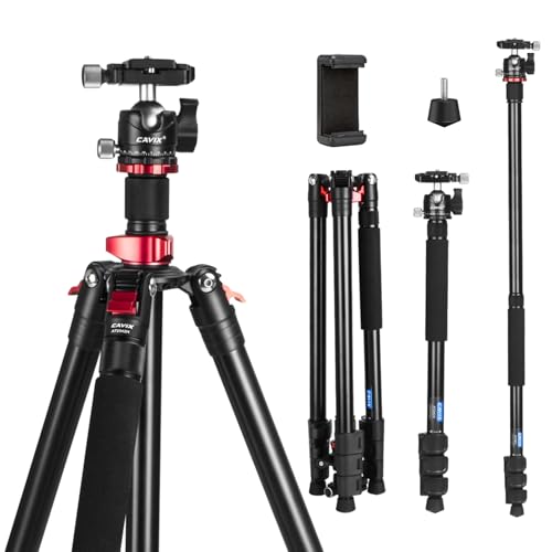 CAVIX 79" Camera Tripod, 2-in-1 Aluminum Alloy Tripod for Camera and Phone, Foldable Travel Tripod with 360° Ball Head and Phone Holder, Max Load 22 lbs/10kg for DSLR Camcorder Video Photography - size: Aluminum Alloy(79")