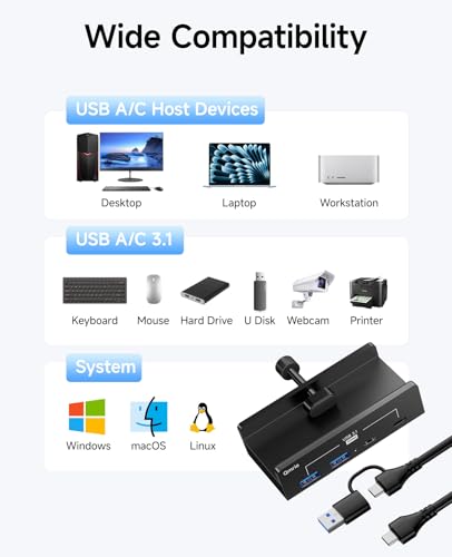 USB Hub 3.1, 10Gbps Clamp USB Hub with 2 USB-A Data Ports, 2 USB-C Port with Extra Power Supply Port (Black) - color: Black