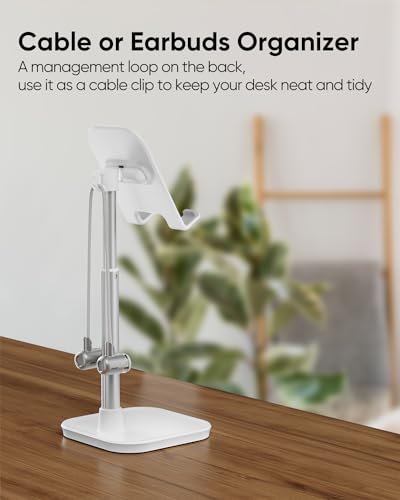 Cell Phone Stand, Adjustable Height Phone Stand for Desk, Eye Level Desktop Phone Holder Compatible with iPhone, Pro Max, Samsung, and All Mobile Phones up to 10'' - color: White