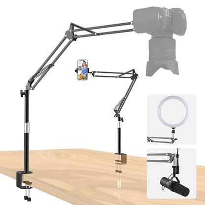 Taisioner Overhead Camera Mount Phone Holder for TikTok Live Streaming Desk Stand Flexible Camera Arm Tabletop Mount Phone Clamp for DSLR Camera/Webcam/Microphone/Lights