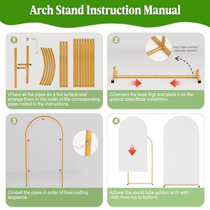 Arch Backdrop Stand with Cover Set, 7.2FT,6.6FT,6FT Gold Metal Wedding Arch for Ceremony, Heavy Duty Balloon Arch Stand with White Spandex Cover for Birthday Party, Baby Shower, Graduation - size: 3-Piece Set