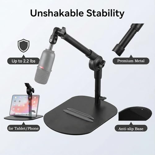 Desktop Microphone Stand, Adjustable Desk Mic Stand for AM8 K669B Yeti HyperX QuadCast SoloCast AT2020, Webcams Camera, Compatible 1/4, 3/8 & 5/8 Thread, for Recording/Podcasting/Streaming