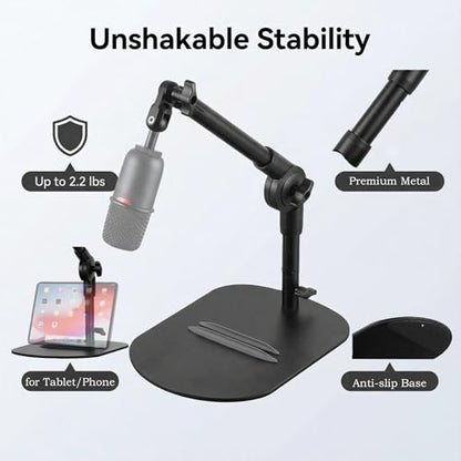 Desktop Microphone Stand, Adjustable Desk Mic Stand for AM8 K669B Yeti HyperX QuadCast SoloCast AT2020, Webcams Camera, Compatible 1/4, 3/8 & 5/8 Thread, for Recording/Podcasting/Streaming