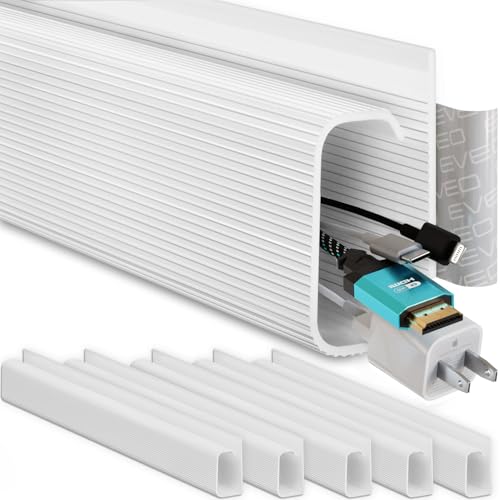 EVEO Cable Management 96'' J Channel- 6 Pack Cord Cover- Cable Raceway- Cable Management Under Desk with Adhesive Stripe Built-in 6 X 16in- Easy to Install Desk Cord Organizer- Cable Raceway, White - color: White, size: 6 units