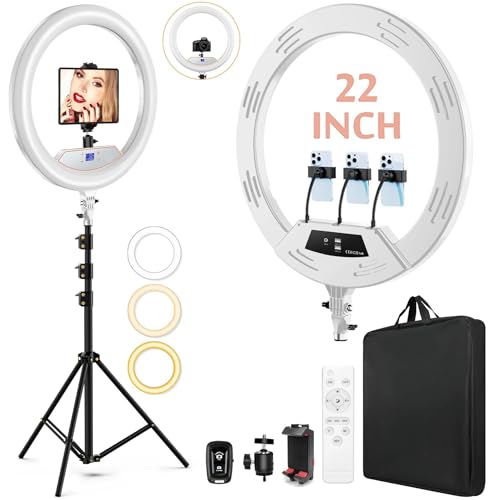 22"Ring Light with Stand,Ring Light Tripod for iPhone ipad,with 75"Tripod/LCD Display/4 ipad iPhone Clips/2 USB Ports,2600K-6500K Color Temperature,for Barber Makeup Tattoo TikTok Video Recording Vlog - color: White