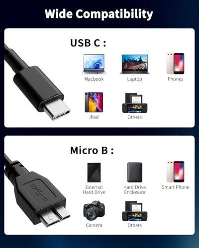 ITD ITANDA Micro B to USB C, 3.3FT USB 3.0 Cable External Hard Drive Cord Compatible with Seagate, WD Toshiba, MacBook Pro/Air, iPad, iPhone, Samsung Galaxy S24 etc - size: 3.3 FT - Micro B to USB C