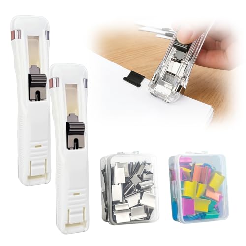 Portable Binder Clip Stapler, 2026 New Reusable Portable Paper Clam Clip Dispenser, 100 Metal Refill Clips (50 Silver + 50 Color) for Home, School, Desk Office (White-2PCS) - color: White-2pcs