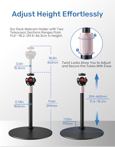 Webcam Stand for Desk, Height Adjustable, Desktop Webcam Tripod Mount for Logitech Brio 4K C922 C930e C920S C920 C960 C920x Camera and Other Devices with 1/4" Thread