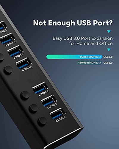 USB Hub 3.0 Powered Rosonway Aluminum 7 Ports USB 3.0 Data Hub Splitter with 24W (12V/2A) Power Adapter and Individual On/Off Switches USB Port Expander for PC and Laptop (RSH-A37S) - size: 7-Port Powered USB 3.0 Hub