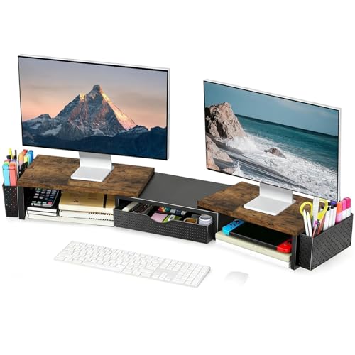 Spacrea Metal Desk Organizers and Accessories, Dual Monitor Stand Riser with Drawer and 2 Pen Holders, Desk Accessories & Workspace Desktop Organizers for Office Supplies (Wood) - color: Wood