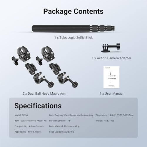 NEEWER Motorcycle Mount Accessories Kit Compatible with GoPro Insta360 DJI, Bike Tail Handlebar Invisible Selfie Stick Double Clamp Holder with Action Camera Adapter for POV Video Recording, GP-30