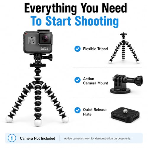 Acuvar 10" Flexible Octopus Tripod for GoPro, DJI Osmo Action & Action Cameras, Bendable Mini Tripod with Action Camera Mount, Quick Release Plate & 360° Ball Head - style: Tripod + Adapter for GoPro