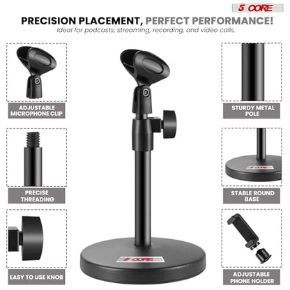 5 Core 3 in 1 Multi Function Desk Microphone Stand Adjustable Table Desktop Mic Stands with Microphone Cell Phone Clip to 3/8" Female to 5/8" Male Metal Adapter Black