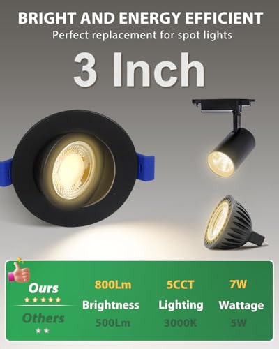 zouzai 3 Inch Gimbal LED Recessed Lights, Black, 1 Pack, with Junction Box, 360°+ 90° Adjustable, 5CCT 2700K-5000K, Dimmable, Canless Eyeball Downlight, CRI90+, 800LM 7W 120V, ETL - color: Black-3 inch, size: 1 Pack