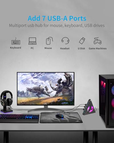 7 Port USB Hub, USB 3.0 Data Hub with 2 ft Long Cable,RGB Night Light,Multi Port Gaming Hub for PC, Laptop, Flash Drive, Keyboard, Mouse, Console, Xbox, PS4/PS5, iMac, Flash Drive, HDD - color: 6-Egale Black