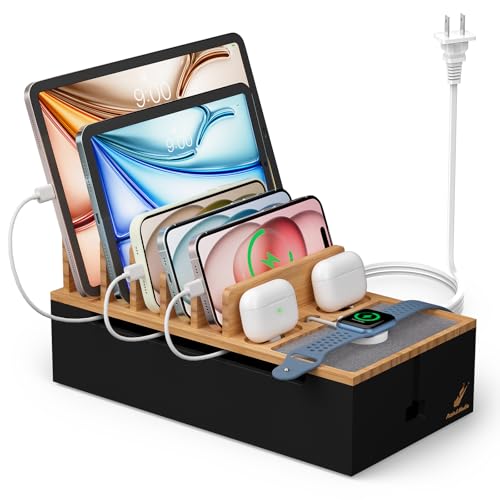 Pezin & Hulin Cable Management Box, Docking Station for Multi Devices, with 5 Ports Charge Adapter and 6 Cables, Wire Organizer for Cords, Box to Hide Cords and Storage Power Strip -Natural + Black - color: Natural+Black