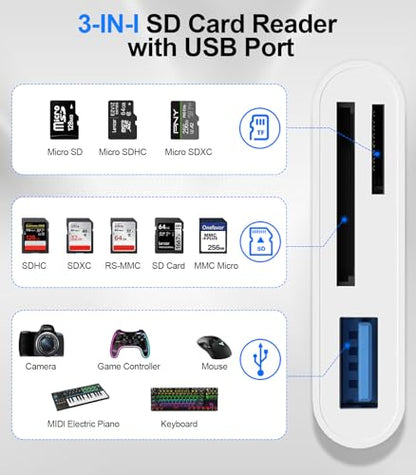 SD Card Reader for iPhone iPad Mac, Digital Camera Adapter to iPhone Lightning & USB C Dual Connector, Trail Camera Memory Card Viewer with SD/Micro SD/USB-A 3 Slot, No App Plug and Play - size: 3 Slot