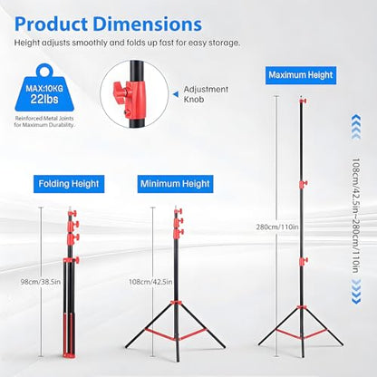 Light Stand Photography, 9.2ft/280cm Air-Cushioned Heavy Duty Studio Light Stand with 1/4" and 3/8" Screw, Aluminum Alloy Photo Video Tripod Stand for Ring Light, Softbox, LED Panel, Max Load 22lb - color: Red