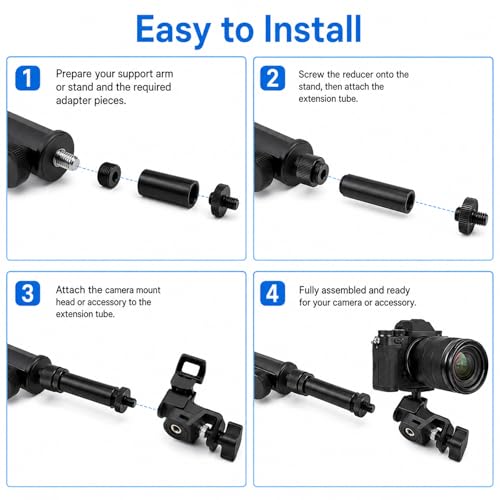 13 PCS 3/8 to 5/8 and 1/4 Mic Stand Adapter Set, Black | Microphone Stand Screws with Extension Tube Aluminum Alloy Mic Thread Mount for Boom Arm Camera Tripod Projector Fill Light