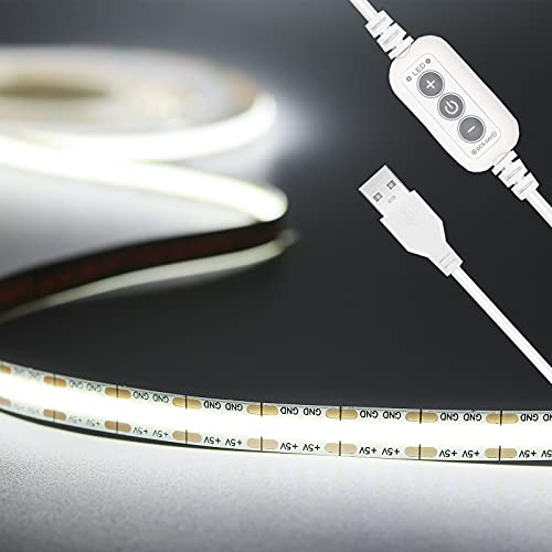 PAUTIX 5V USB LED Strip Light 6.56ft/2m, 640LEDs 1200lm Dimmable COB LED Strip 6000K Daylight White CRI90+ USB Powered Backlight for Sewing Machine,Mirror, Cabinet, Wardrobe, DIY Lighting Project - color: 6000K, size: 6.56 ft