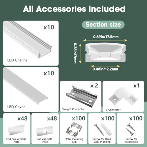 hunhun 10-Pack 6.6ft/2Meter U Shape White LED Aluminum Channel System with Milky Cover, End Caps and Mounting Clips, Aluminum Channel Profile for LED Strip Light Diffuser Installations (10pack*6.6ft) - size: 10pack*6.6ft(White)