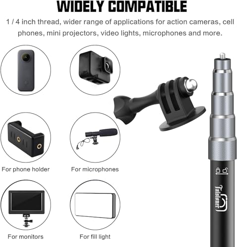 Taisioner Aluminum Alloy Motorcycle Handlebar Mount Double Clamp Locking Anti-Fall, 47" Invisible Selfie Stick for Insta360 X5/X4/X3/X2/ONE RS/GO 2/3 Hero 13-7 DJI Camera