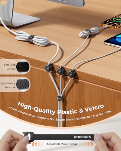 Rocoren 50 PCS Cable Management Kit 10 Magnetic Rotatable Cable Clips,40 Reusable Velcro Cord Organizer Straps, Cord Holder Accessories for Under Desk,Nightstand,Home and Office