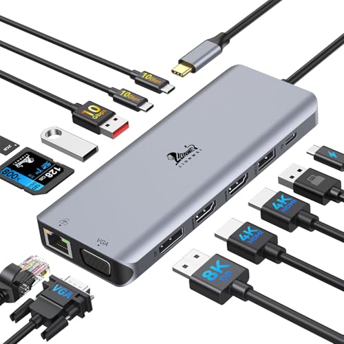 Laptop Docking Station 4 Monitors, Dual HDMI+8K DP+VGA, 10Gbps, 100W PD, 6 USB C/A Ports, Ethernet, SD/TF, LIONWEI 13 in 1 USB C Hub for MacBook/Dell/HP/Surface - color: 13-in-1 (4 Monitor)