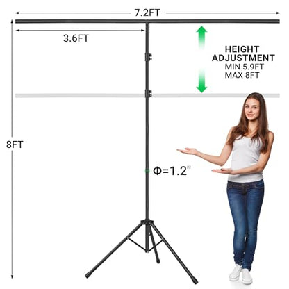 8x7.2ft Green Screen Backdrop kit, Adjustable T-Shape Green Screen Backdrop with Stand, Portable greenscreen Stand for Photography, Video, Streaming, Zoom Meetings