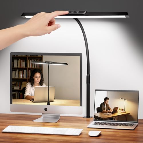 LED Desk Lamp for Office Home, Stepless Dimming Architect Desk Light with DC Adapter, Eye-Caring Desk Lamp with Clamp, 25 Lighting Modes Adjustable 12.8in Flexible Gooseneck for Workbench(Black) - color: Black