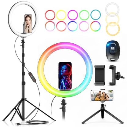 PEYOU 12" Selfie Ring Light with 73" Extendable Tripod Stand and Phone Holder, 38 Color Modes Dimmable RGB Ring Light,3-in-1 Desk & Floor Use for iPhone, Makeup, TikTok, YouTube, Live Streaming
