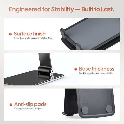 Phone Stand for Desk, Adjustable Aluminium Cell Phone Stand Holder, Foldable Phone Holder for iPhone & Android, Anti-Slip Phone Stand for Video Calls & Recording