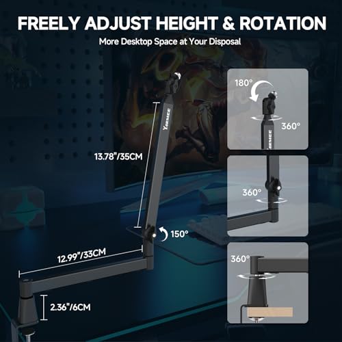 Mic Arm with 3.95" Extension Rod, Low Profile Mic Stand, Cable Management, 360° Rotatable Boom Arm with C-Clamp, 3/8" to 5/8" Metal Screw