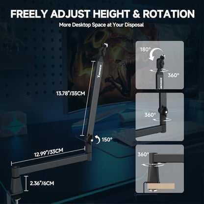 Mic Arm with 3.95" Extension Rod, Low Profile Mic Stand, Cable Management, 360° Rotatable Boom Arm with C-Clamp, 3/8" to 5/8" Metal Screw