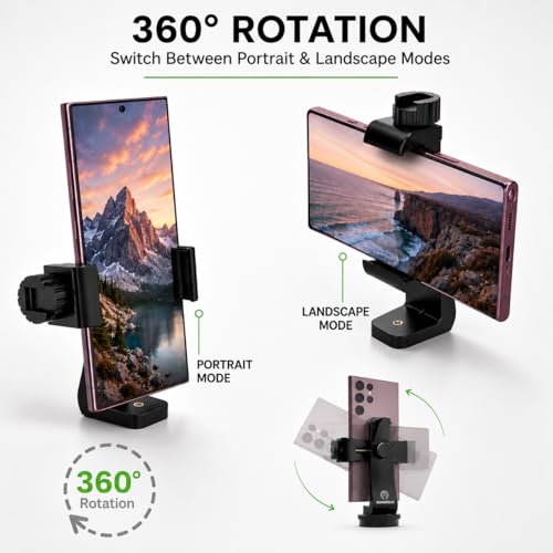 KobraTech iPhone Tripod Mount Adapter - Fits Any Smartphone - Includes Bluetooth Remote Shutter - UniMount 360 Universal Phone Holder for Tripod - size: Standard