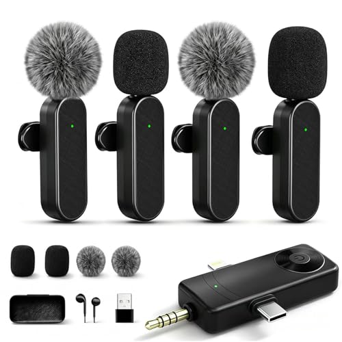 Wireless Lavalier Microphones Compatible for iPhone, Android Phone, Camera, Computer, Professional Wireless Mini Microphone for Video Recording, Vlog, YouTube, TikTok (4 Mics) - color: Dark Black, size: 4PACK