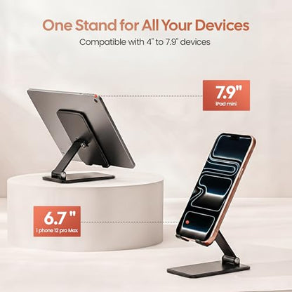 Phone Stand for Desk, Adjustable Aluminium Cell Phone Stand Holder, Foldable Phone Holder for iPhone & Android, Anti-Slip Phone Stand for Video Calls & Recording
